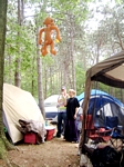 Friday we hung up a monkey so as to be able to find our camp easily.  A few took to brushing their teeth to honor Him.